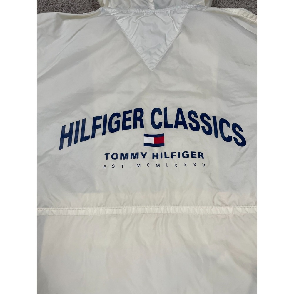 Tommy Hilfiger Jacket Womens Large White Zip Kangaroo Pocket Hood Windbreaker